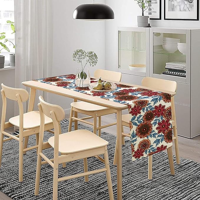 Mandala Flower Table Runner, Vintage Oriental Exotic Native Red Floral Blue Branch Leaves Botanical Print Table Runner for Farmhouse Kitchen Dining Table Decor, 13x70inch