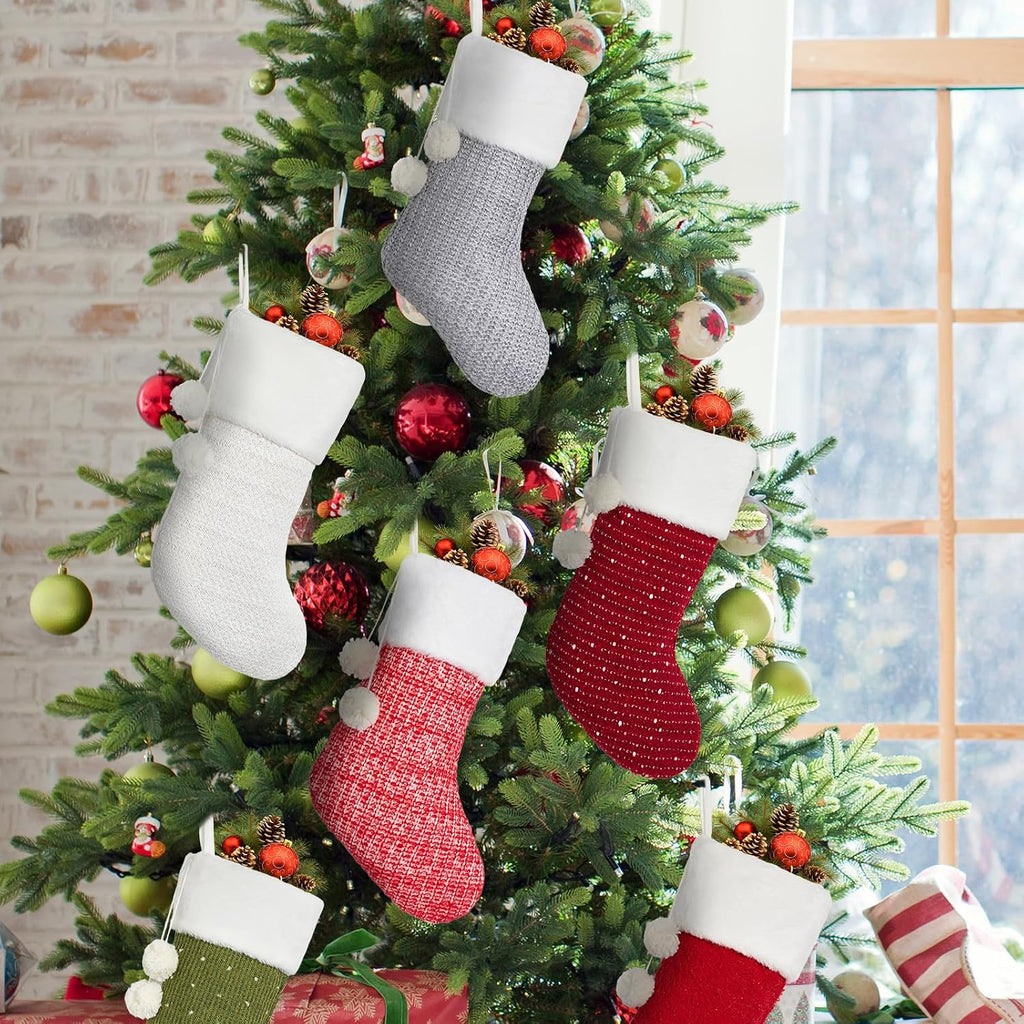 Mostop Christmas Stockings, 6 Pack Cable Knitted Xmas Stockings with Pompom for Xmas Holiday Decor