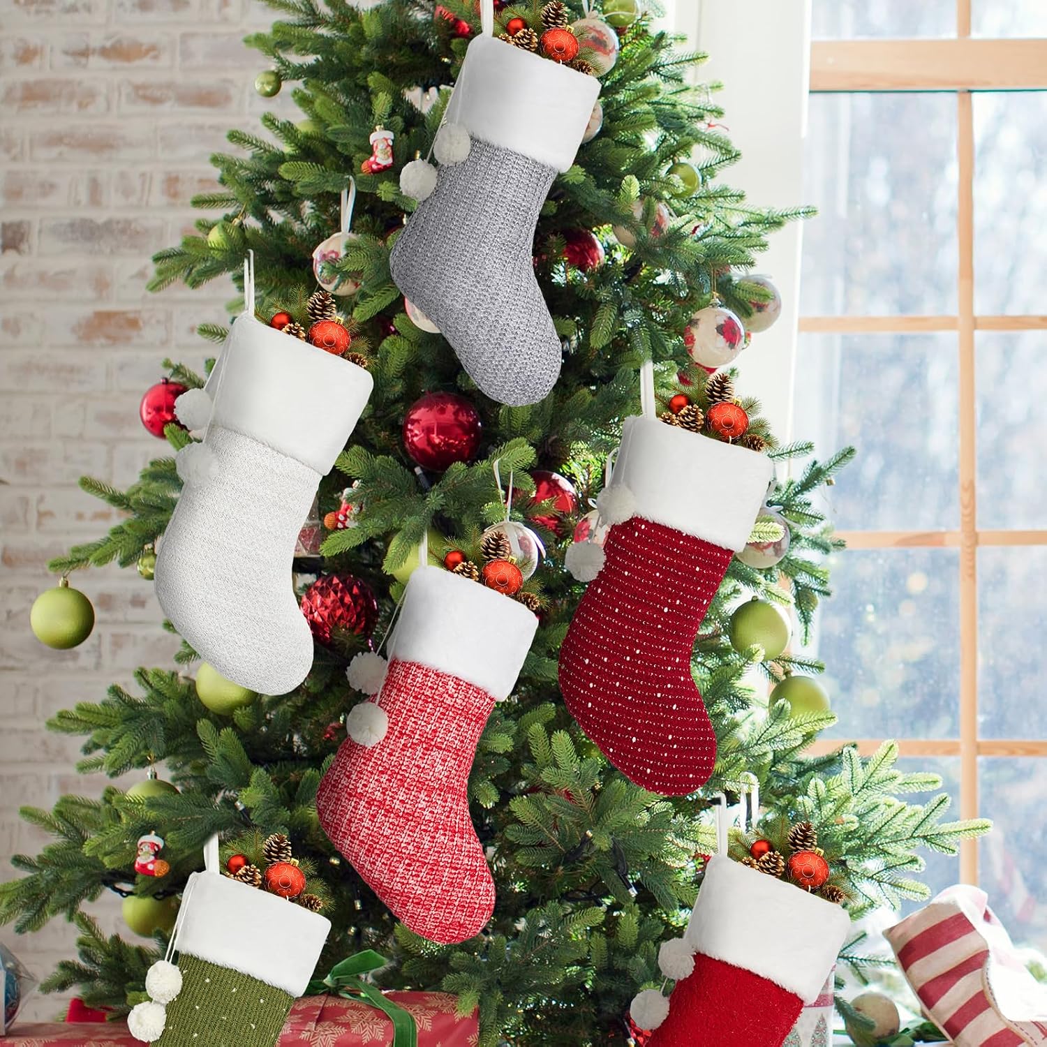 Mostop Christmas Stockings, 6 Pack Cable Knitted Xmas Stockings with Pompom for Xmas Holiday Decor