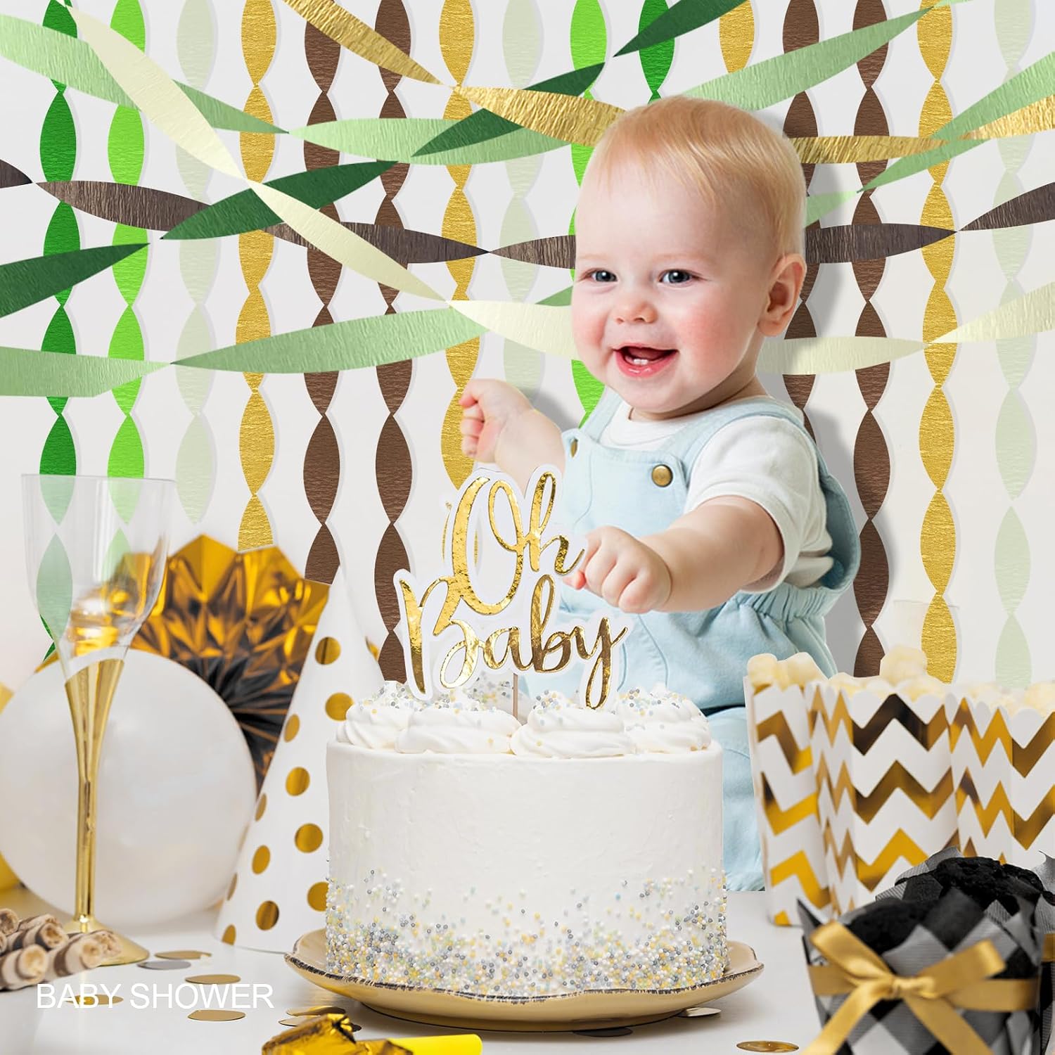 AOYOO 5 Rolls Crepe Paper Streamers - Sage Olive Green, Gold & Ivory Party Decorations for Wedding, Bridal Shower, Engagement, Boho Eucalyptus Birthday Backdrop St. Patrick's Day (Not Fabric Ribbon)