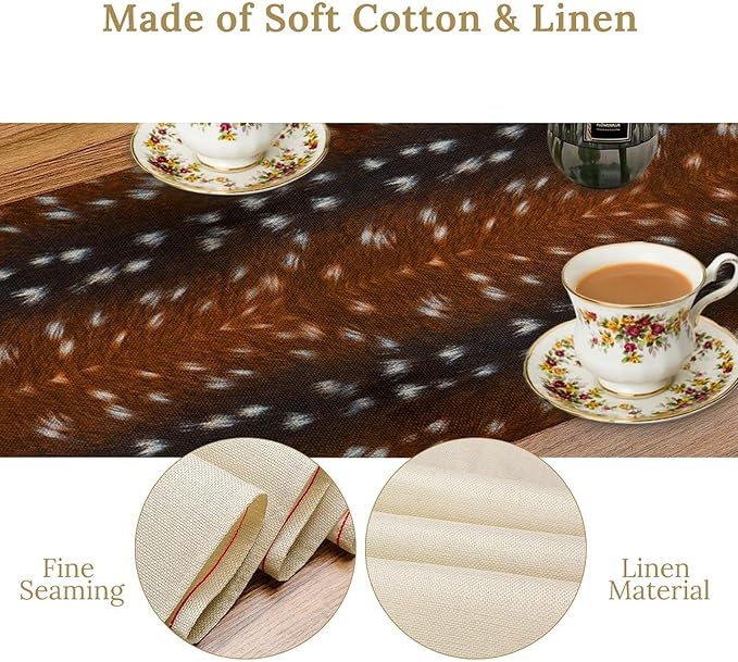 Deer Skin Table Runner Brown Fur Runner Black White Elk Deer Print Fur Western Print Cotton Linen Cottage Dinner Table Runners for Dining Room Kitchen Table Setting, 13x36 Inch