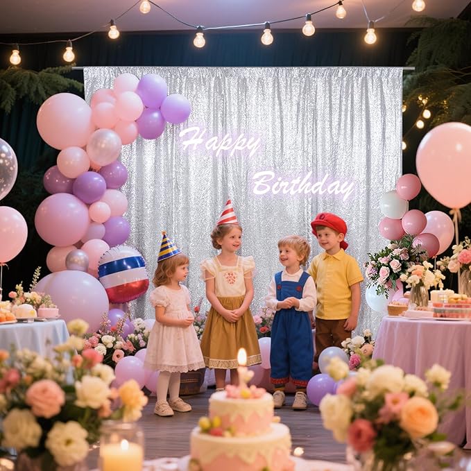 SquarePie Sequin Backdrop Not See Through Thick Background Glitter Curtain Party 7FT x 7FT Silver