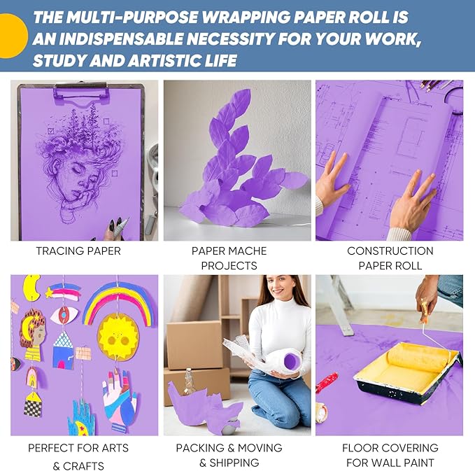 Purple Wrapping Paper, 15"x450" Art Craft Construction Bulletin Board Decorative Paper Roll for Birthday Baby Shower Christmas Mother's Day Mardi Gras, DIY Bouquet Flower Gift Wrap, Floral Supplies