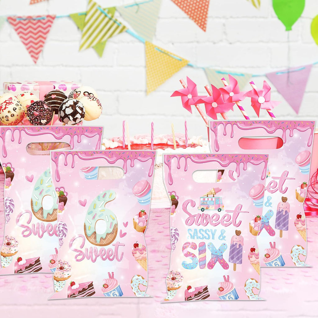 EoBeCy Sweet Sassy and Six Birthday Decorations for Girls, 50 Pcs 6th Birthday Plastic Treat Candy Goodie Treat Gift Bags with Handles, Pink Donut Ice Cream Themed 6 Year Old Party Favor Bags