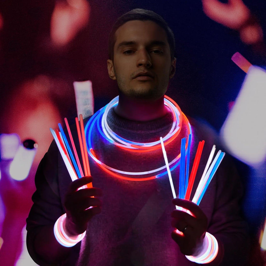 JOYIN 72 Pcs 4th of July Glow Sticks with connectors, Red White Blue Glow in the Dark Bracelets for Kids Adults, Patriotic LED Light Up Toys for Independence Day, Memorial Day, Party Favors