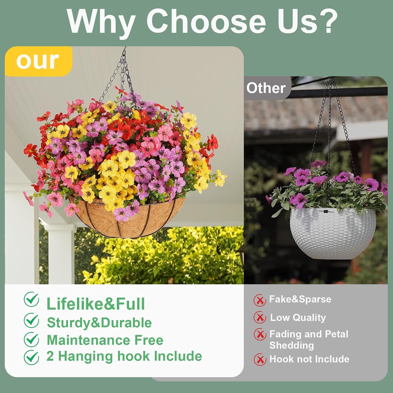 Artificial Outdoors Flowers with Hanging Basket, UV Resistant Fake Hanging Flowers, Faux Silk Plants with Planters for Porch Home Patio Balcony Yard (Rose Red, Purple, Yellow, Red)