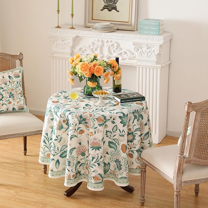 patdrea Designer Green French Table Cloth for Round Table,Vintage Italian Floral Country Linen Breathable Tablecloth,Cover for Kitchen Dining,Christmas,Thanksgiving,Diameter 67"-Tree Life