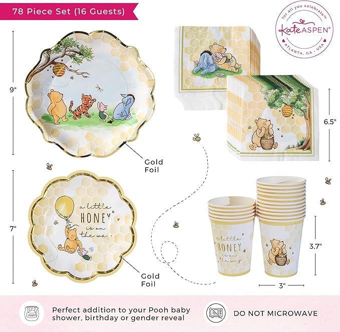 Kate Aspen Honey Bear 78-Piece Winnie Baby Shower Plates and Cups and Napkins Sets for 16 Guests, Classic Winnie Baby Shower Decorations Boy or Girl, Party Paper Plates & Party Supplies