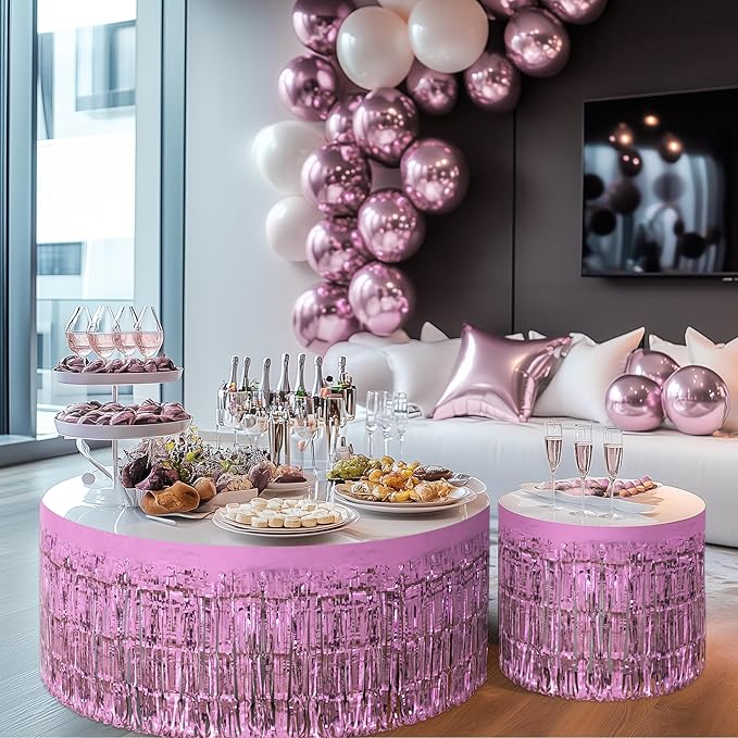 2 Pack Pink Table Skirts, 29x108" Metallic Foil Tinsel Fringe Table Skirts for Rectangle Tables Streamer Curtains Backdrop, Party Decorations for Birthdays Weddings Holidays
