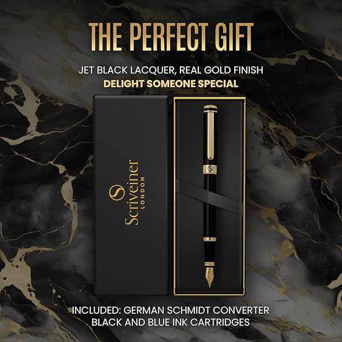 Scriveiner Black Lacquer Fountain Pen - Stunning Luxury Pen, Real Gold Finish, Schmidt Gilded Nib (Broad), Best Pen Gift Set for Men & Women, Professional, Executive, Office, Nice Pens