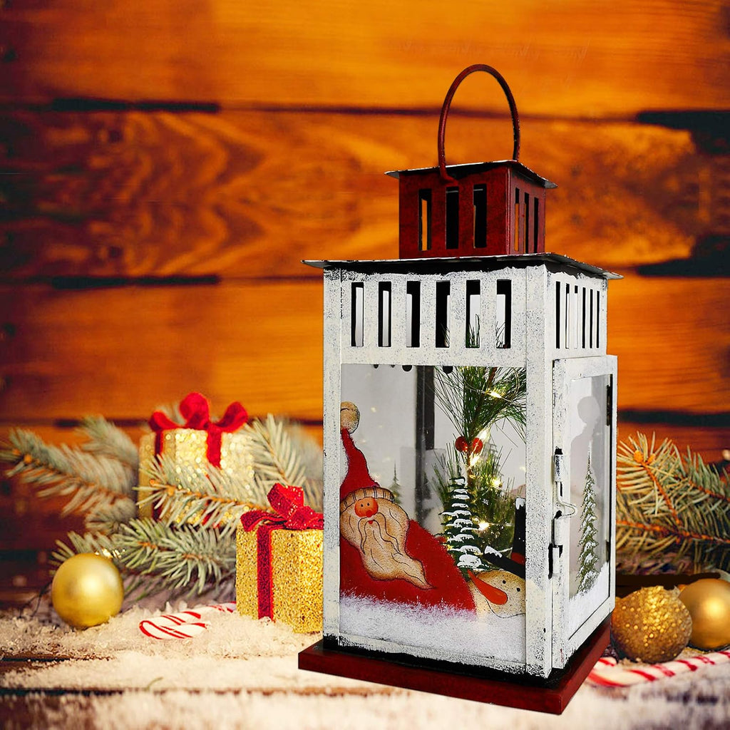 E-view Metal Christmas Lanterns with Led Lights - Snowman Decorative Hanging Lantern Indoor Outdoor Mini Xmas Home Decoration Iron Tabletop Centerpieces, Battery Operated (Not Included) (Santa B)