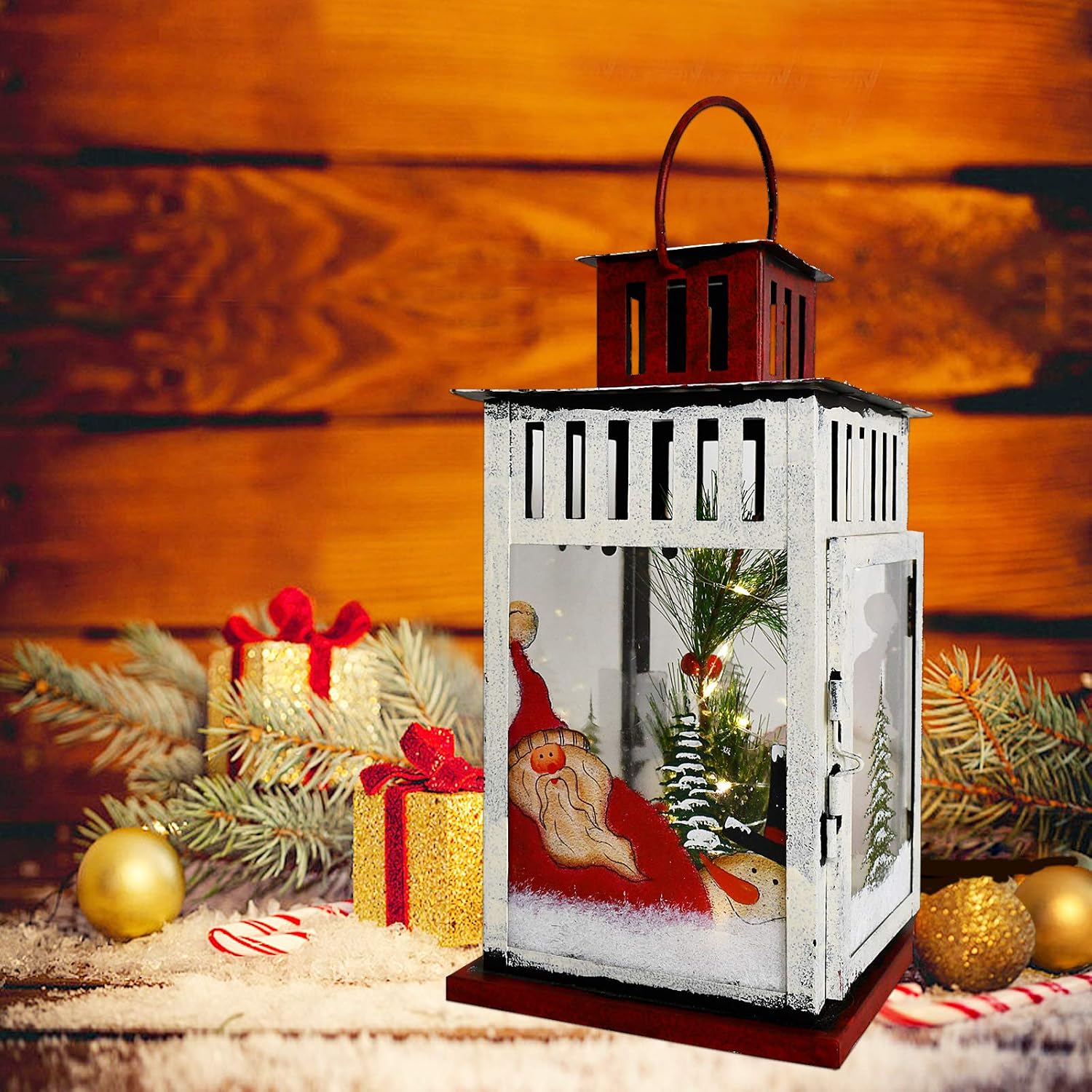 E-view Metal Christmas Lanterns with Led Lights - Snowman Decorative Hanging Lantern Indoor Outdoor Mini Xmas Home Decoration Iron Tabletop Centerpieces, Battery Operated (Not Included) (Santa B)