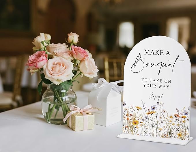 Wedding Signs for Ceremony and Reception, Boho Floral Acrylic Make A Bouquet Sign Sign, Wedding Signage with Stand, Bridal Shower Table Centerpieces, Supplies for Engagement Reception Event Party, 21