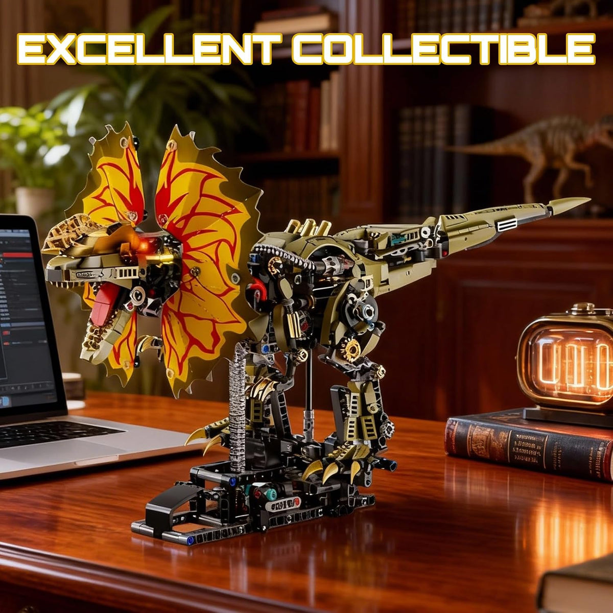 hjplpxh mechanical dilophosaurus building blocks set with led, close-up detail