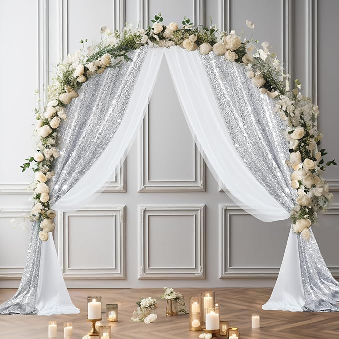 Wedding Arch Draping Fabric, 1 Panel 28" x19ft White Arch Drapes & 1 Panel 16" x19ft Silver Sequin Fabric Drapes Arbor Backdrop Curtain for Wedding Arch Ceremony Bridal Shower Reception