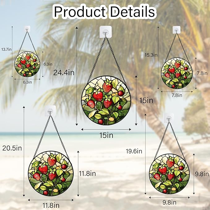 Stained Glass Window Hanging - Red Strawberry Suncatcher for Doors Window Home Green Plant Sun Catchers Decor Christmas Mother's Day Birthday Gifts for Teacher Women Men Mom Nana 6.3 in