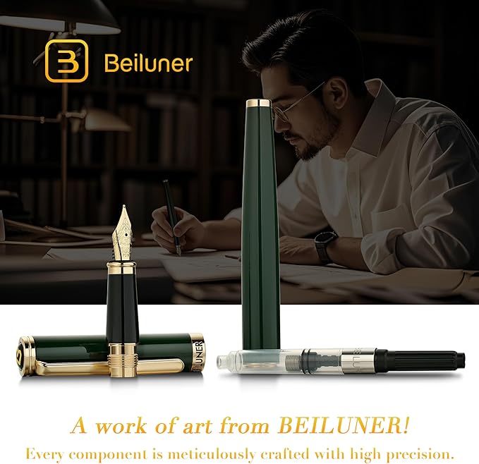 BEILUNER Racing Green Fountain Pen,Stunning Luxury Pens with 24K Gold Finish, Gorgeous 24K Gilded Nib(Medium), Fancy Pen Gift for Men&Women -Ink Converter-Christmas, Office,Fancy,Nice Pen for Writing