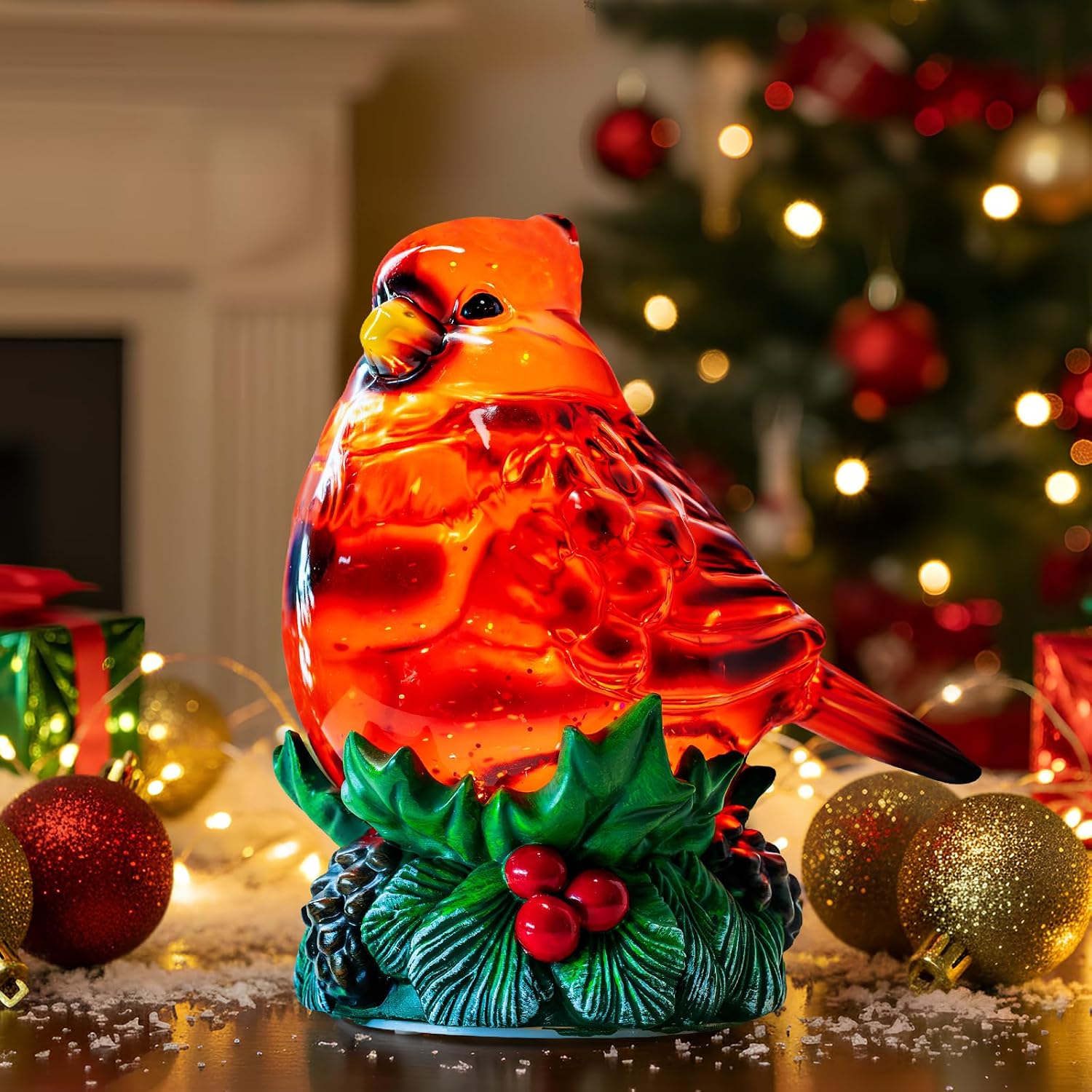 Christmas Cardinal Snow Globe Cardinal Holly Music Water Lantern Holiday Decorations Gifts for Family Children or Friends
