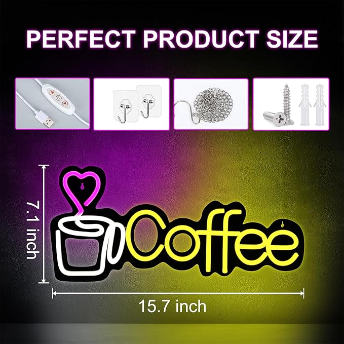 Coffee Neon Sign LED lights for Business,Dimmable 5V USB Powered for Wall Decor - LED Light Up Sign for Club Windows Glass Party-Restaurant Room Decoration Gift for Friends (15.1 * 7.1in)
