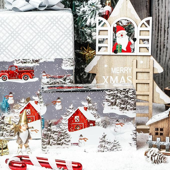 LeZakaa Christmas Silver Wrapping Paper Jumbo Roll for Boy Kid, Red Truck, Snowy Pine Forest & Grid Plaid, Silver Foil Reversible Design for Winter Holiday Family Gathering, 30 inches x 32.8 Feet