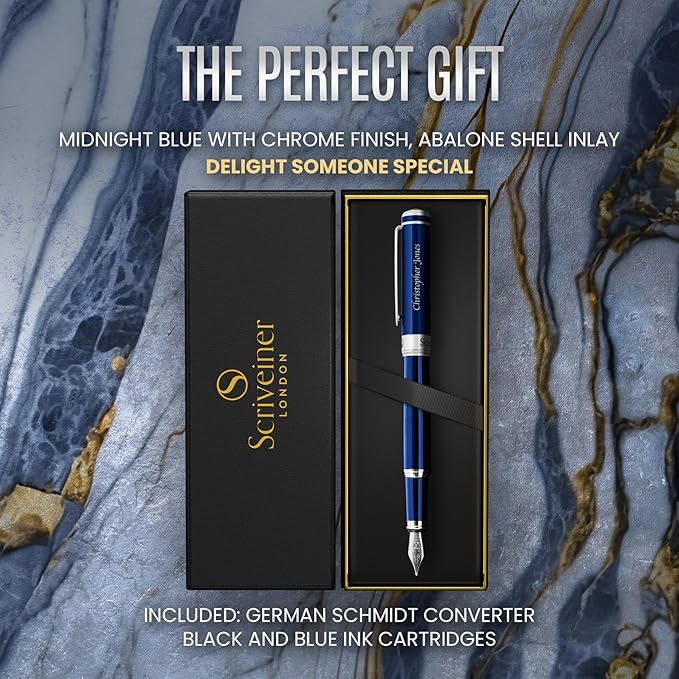 Scriveiner Personalized Midnight Blue Pen - Stunning Blue Lacquer Luxury Pen, Chrome Finish, German Schmidt Nib (Medium), Best Engraved Fountain Pen Gift Set for Men & Women, Name Engraving