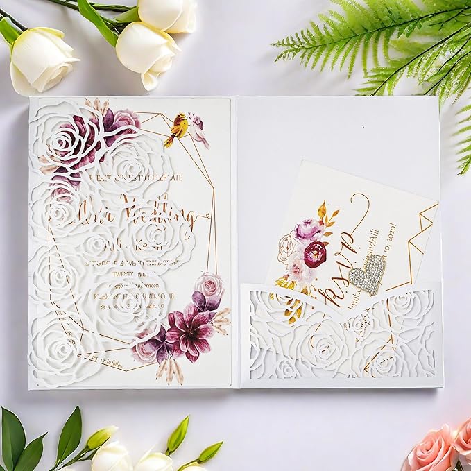 20 Pcs Laser Cut Wedding Invitations Card Pocket with Envelope for Birthday Party Baby or Bride Shower Invite suitable for 5 * 7 Inches Insert Paper (White)