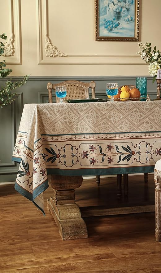 patdrea Designer French Rectangular Tablecloth,Beige Anti-Wrinkle Durable Floral Farmhouse Table Cloth,Decor Tables Covers for Kitchen Dining,Tea Party,Christmas,Thanksgiving,55"x87"-Fram