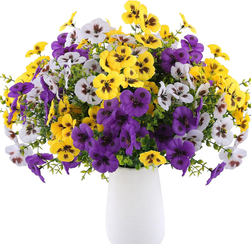 Rowfad 18 Pcs Artificial Fake Pansy Flowers for Outdoor, Faux Silk Pansies Spring Flowers for Outside for Planter Front Door Porch Yard Patio Window Box Home Decor (18, Purple, Yellow, White)