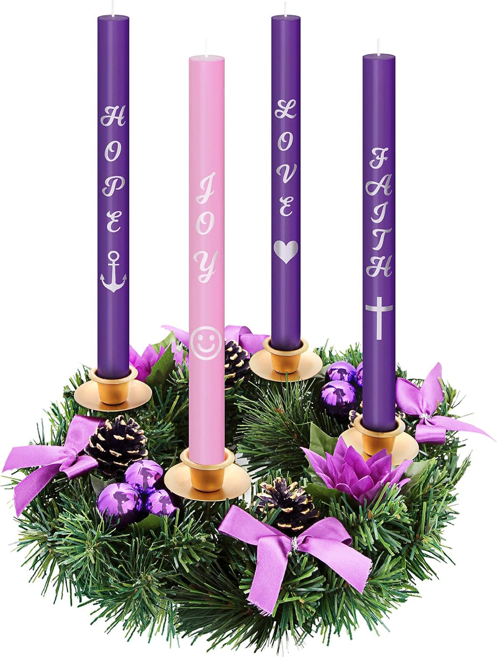 Advent Candles Set of 4 - Premium Printed Script Silver Letters & Pictures – Use with Advent Candle Holders, Advent Wreaths and Advent Rings - Dripless Taper Advent Candle for Christmas Church Décor