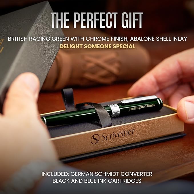 Scriveiner Personalized British Racing Green Pen - Stunning Green Lacquer Luxury Pen w/Chrome Finish, German Schmidt Nib (Medium), Best Engraved Fountain Pen Gift Set for Men & Women, Name Engraving