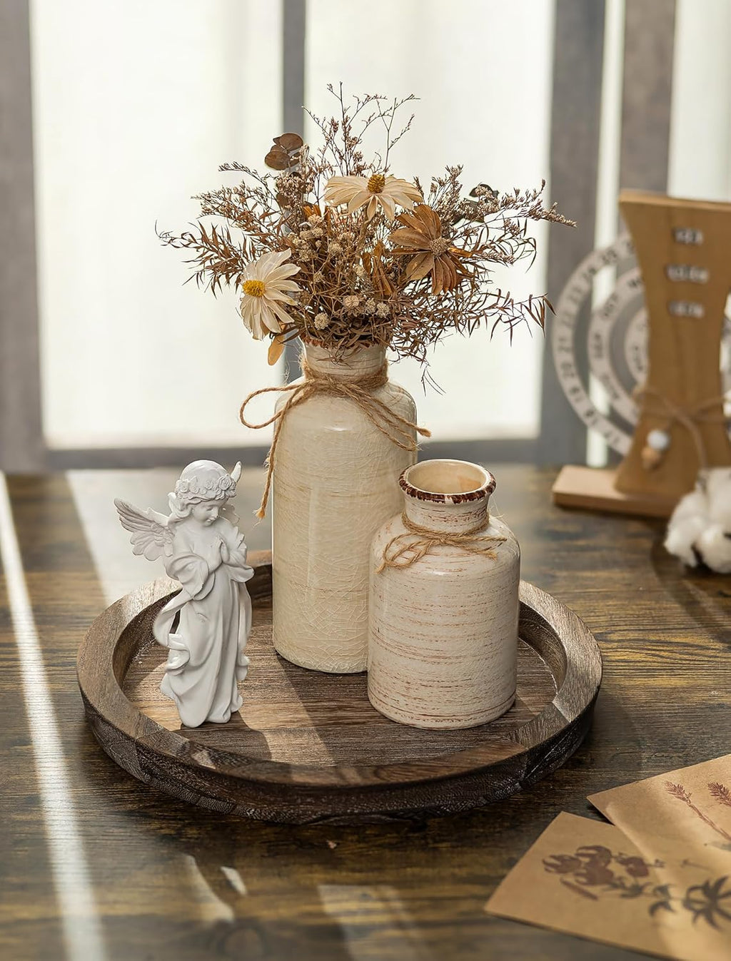 Hanobe Candle Plate Holder Tray: Round Wood Decorative Candle Plate - Rustic Farmhouse Coffee Table Decor - Tealight Pillar Trays for Home Decor (Distressed)