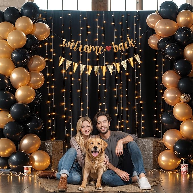 Black Backdrop Curtain with Lights String for Parties,10x10FT Wrinkle Free Black Drapes Wedding Photo Backdrop Curtains for Baby Shower Birthday Ceremony Reception Home Party Decorations