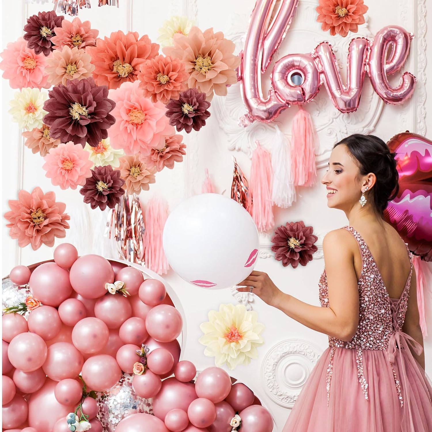Geyee 18 Pcs Mexican Paper Flowers Colorful Fiesta Tissue Paper Flowers Pom Poms Mexican Carnival for Floral Party Backdrop Wedding Birthday Party Craft, 6" 8" 10"(Vintage Color)