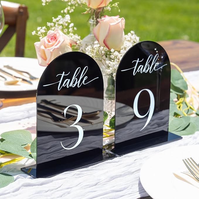 Black Arch Acrylic Table Numbers for Wedding Reception - 5" x 7" White Font Centerpiece Set with Holder Stands & Head Table Sign - Anniversary, Event, Party, Wedding set 1-20