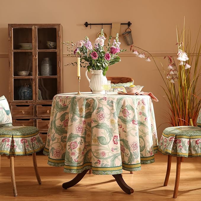 patdrea Designer Green Small Tablecloth for Round Table,Vintage Linen Leaves Pattern Table Cloth,Floral Decor Cover for Kitchen Dining Christmas,Thanksgiving,Tea Party,Diameter 55"-Cecilia a