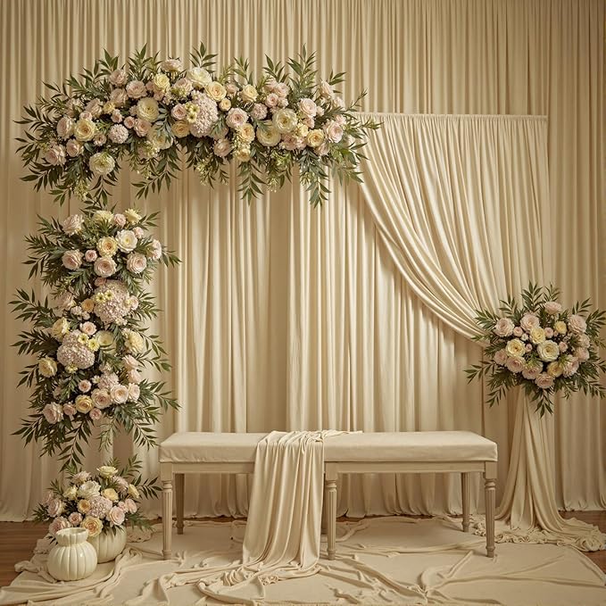 leegleri 40ftx12ft Wrinkle Free Beige Backdrop Curtain, 8 Panels 12FT Height Beige Wedding Backdrop Drapes, Silky Polyester Back Drop Cloth for Birthday Photography Background Party Backdrop Draping