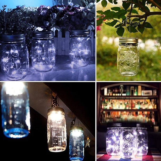 Solar Mason Jar Lid String Lights, 8 Pack 20 Led String Fairy Star Firefly Jar Lids Lights with 8 Hangers Included (Jars Not Included), for Mason Jar Patio Garden Wedding Lantern