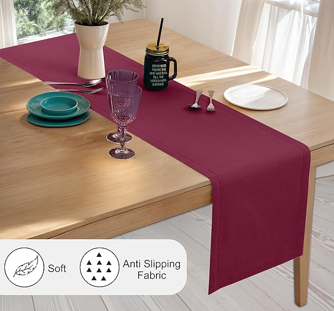 Ruvanti Linen Table Runner 108 Inches, Classic Hemstitch, Washable, Reusable, Non-Slipping, Stain Resistant- Perfect for Parties, Weddings, Dinners, Thanksgiving, Christmas, Indoor use – Burgundy