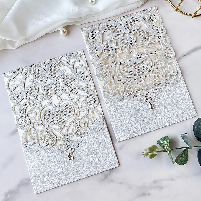 Hosmsua 5.12 x 7.3 Inch 50pcs Silver Laser Cut Lace Flora Wedding Invitation Cards with Rhinestone and Envelopes Customized Printed Invitations for Bridal Shower Quinceañera Wedding Invite