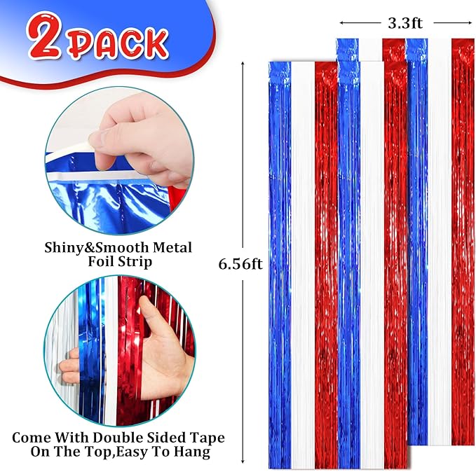 2 Pack Red White and Blue Tinsel Foil Fringe Curtains, 4th of July Decorations, Metallic Tinsel Party Streamers Backdrop for Patriotic, Memorial Day, Independence Day Party Decorations