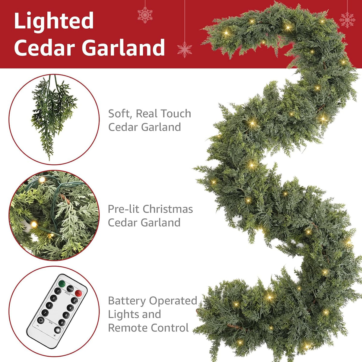 9ft prelit christmas garland with lights battery operated showing dimensions