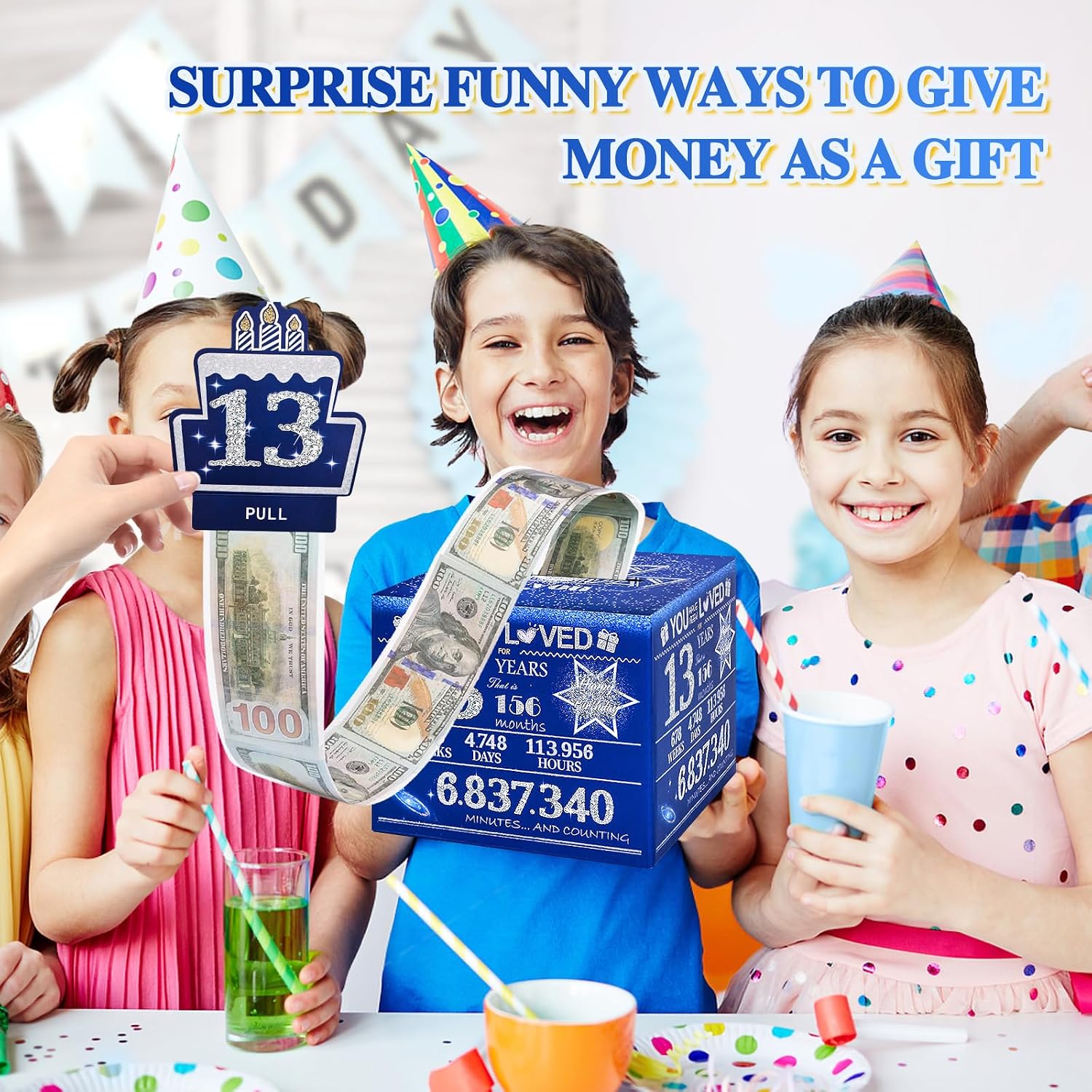 13 Happy Birthday Money Box for Cash Gift, 13th Birthday Decorations for Boys and Girls, Gifts for 13 Year Old Boy, Boy Gift Ideas, Cool Things for Teen -Blue with 100PCS Bags