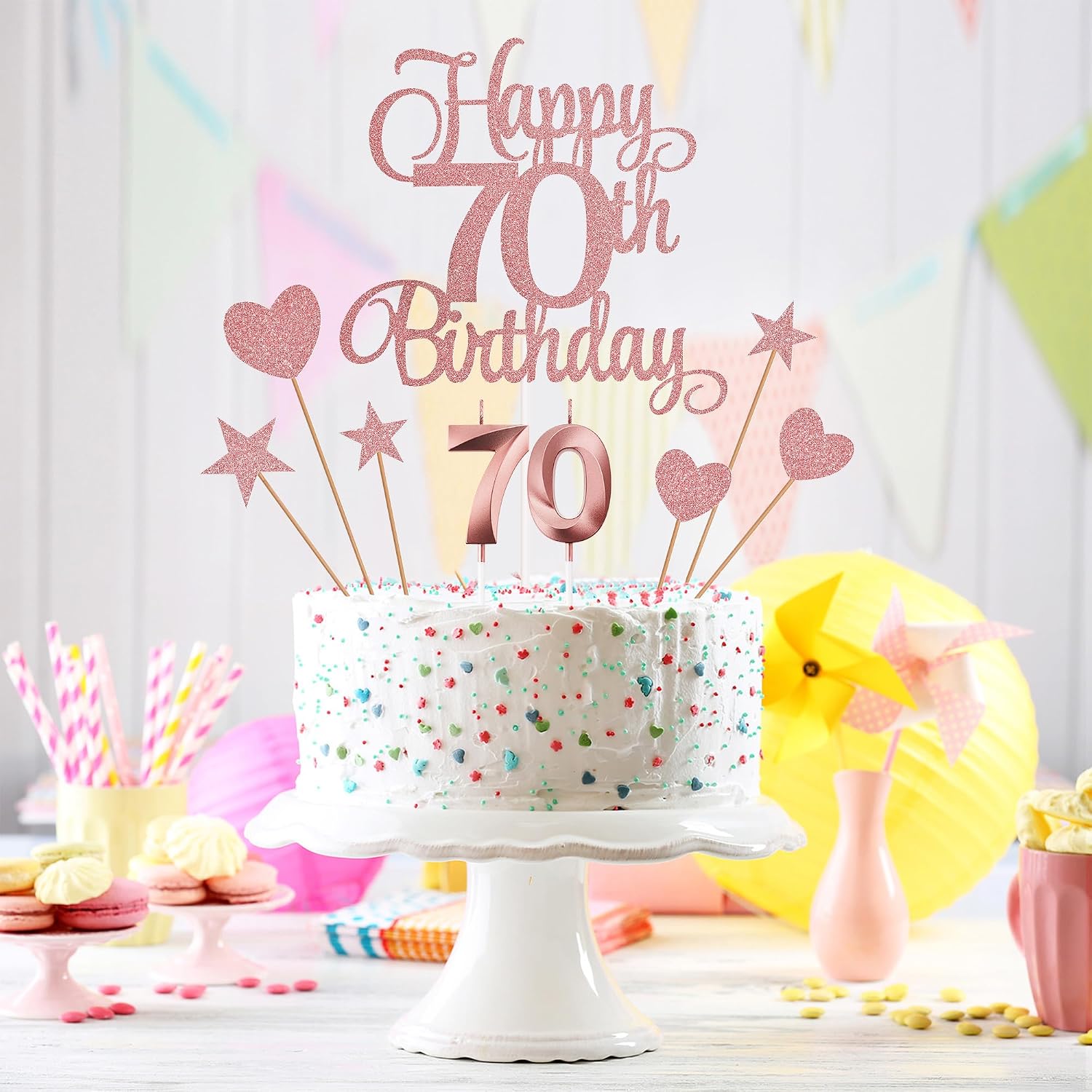 70th Birthday Cake Decorations, 70th Birthday Candles Cake Numeral Candles and Glitter Happy 70th Birthday Cake Toppers Set for Birthday Party Supplies (Rose Gold)