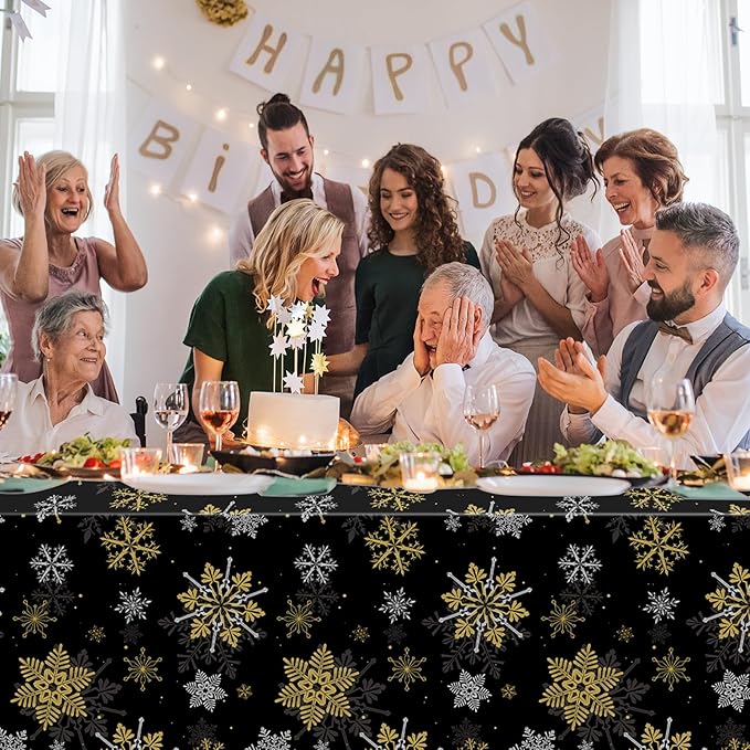 6Pcs Christmas Snowflake Party Tablecloths Decorations,Plastic Black and Gold Table Cloth,Winter Rectangle Table Cover for Christmas New Year Birthday Baby Shower Holiday Party Decorations,54x108 inch