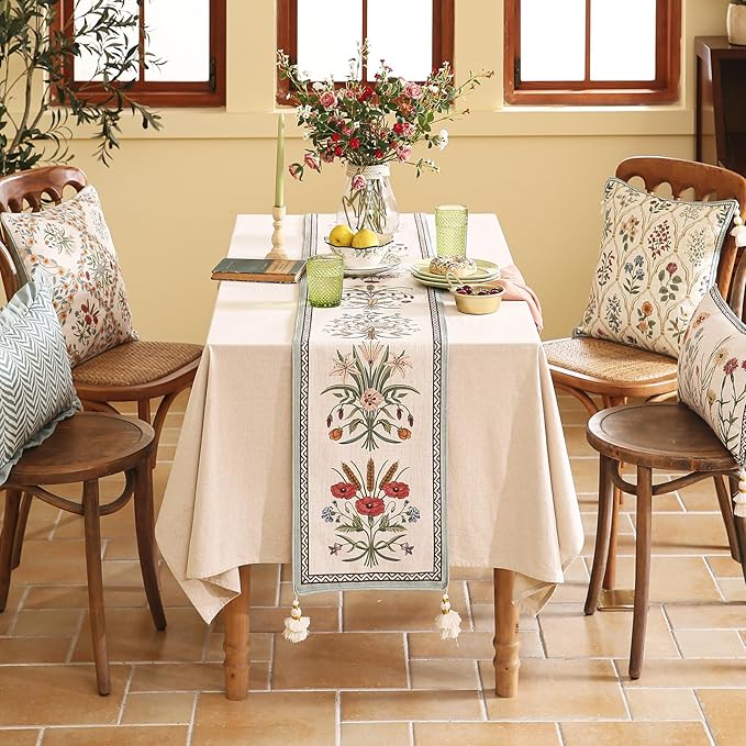 ISAENNE Designer French Country Linen Table Runner 71 Inches Long,Elegant Colorful Floral Pattern Table Runners for Dining Tables,Thanksgiving,Christmas,Kitchen Decor,12"*71"-Serenity F