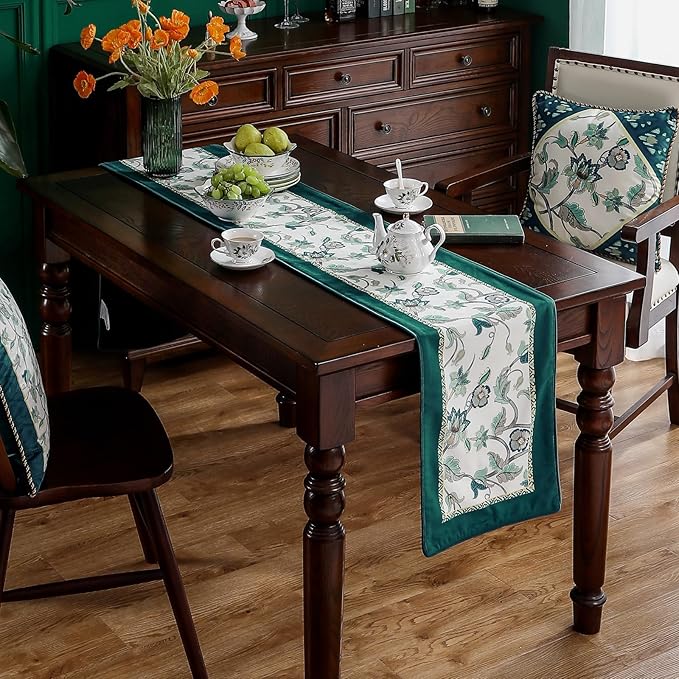 patdrea Designer Elegant French Floral Velvet Table Runner, Teal with Blossoms Pattern Table Mat, Decoration for Kitchen Dining Coffee Table Shelf Cabinet Banquet Thanksgiving,12"*71"