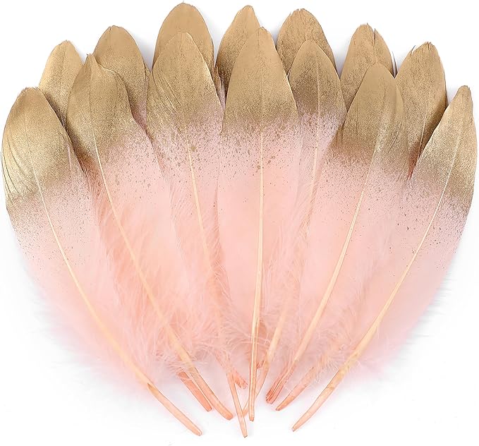 Larryhot Dipped Gold & Pink Goose Feathers for Crafts - 6-8 inch 60 pcs Natural Feathers for Wedding Party Decorations,DIY Crafts and Clothing Accessories (Gold & Pink)
