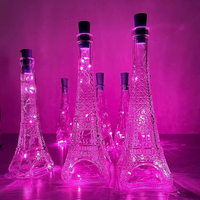 Wine Bottle Lights with Cork 15Pack 10 LED 40 Inches Battery Operated Silver Wire Liquor Fairy Mini String Lights for Party Christmas Halloween Wedding Decoration (Pink)