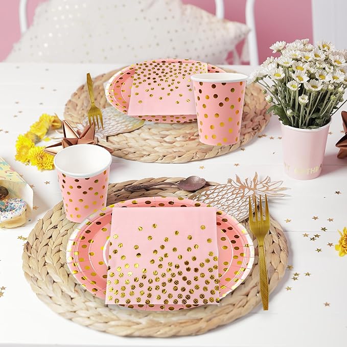 Sveikie160 Pcs Pink And Gold Paper Plates, Birthday Cake Party Plates And Napkins, Wedding Disposable Utensils For Birthday Graduation Wedding And Holiday Celebrations Serves 40 (Pink)