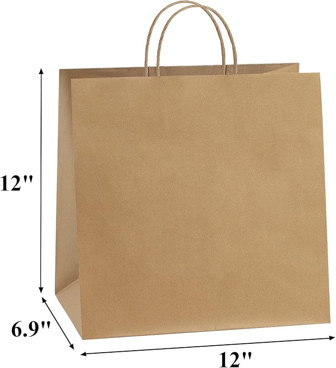 BagDream 12x7x12 Paper Bags 50Pcs Brown Paper Bags with Handles, Kraft Shopping Merchandise Retail Bags, Takeout/To Go Bags for Food Delivery, Wider-gusset Recycled Paper Gift Bags